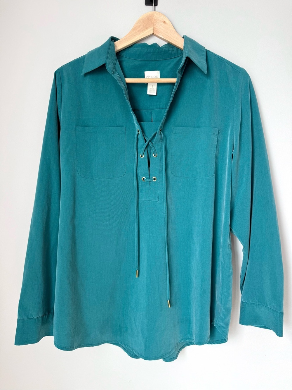 Chico’s Teal Lace-Up Silky Collared Tunic Blouse